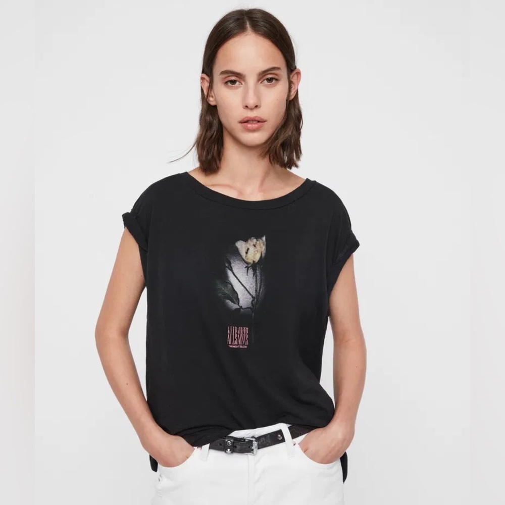 AllSaints Black Short Sleeve Graphic Tee with Floral Motif